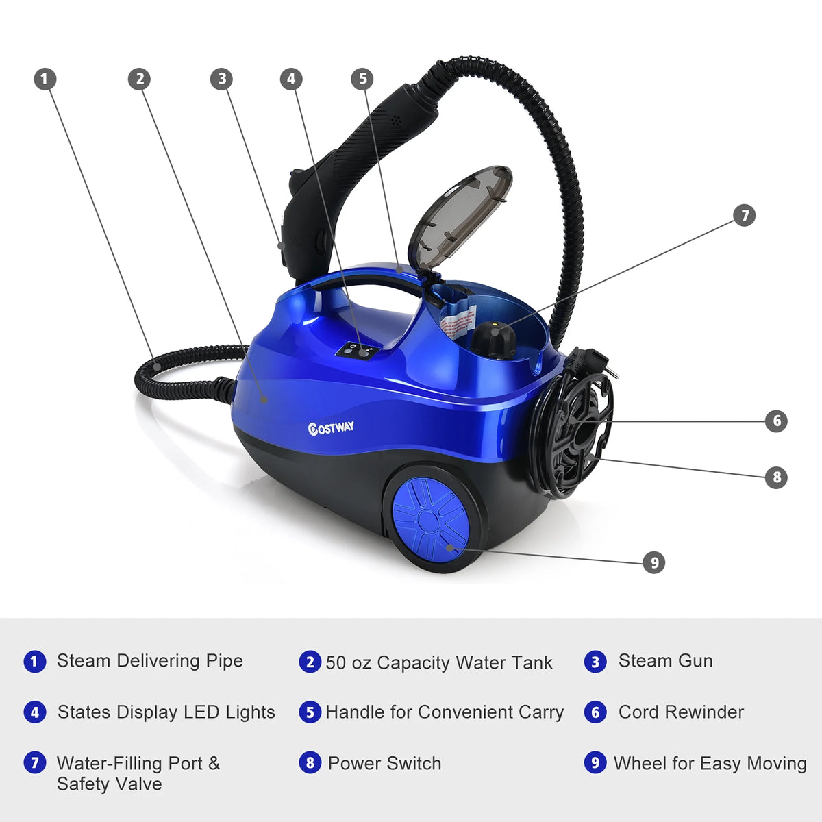 Costway 2000W Heavy Duty Steam Cleaner Mop Multi-Purpose W/19 Accessories Blue