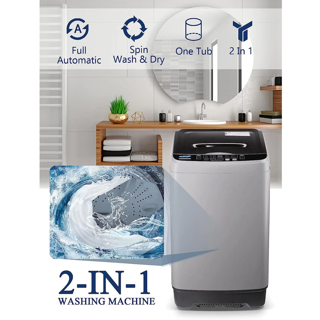 Full-Automatic Washing Machine, Portable Laundry Washer, Compact 17.7 lbs, LED Display, Drain Pump, 10 Wash Programs 8 Water Levels