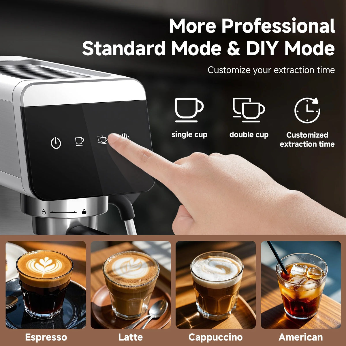 Sunmaki Espresso Machine 20 Bar Stainless Steel Coffee Machines with LED Touch Screen Powerful Steam Wand, Removable Water Tank, for Cappuccino, Latte