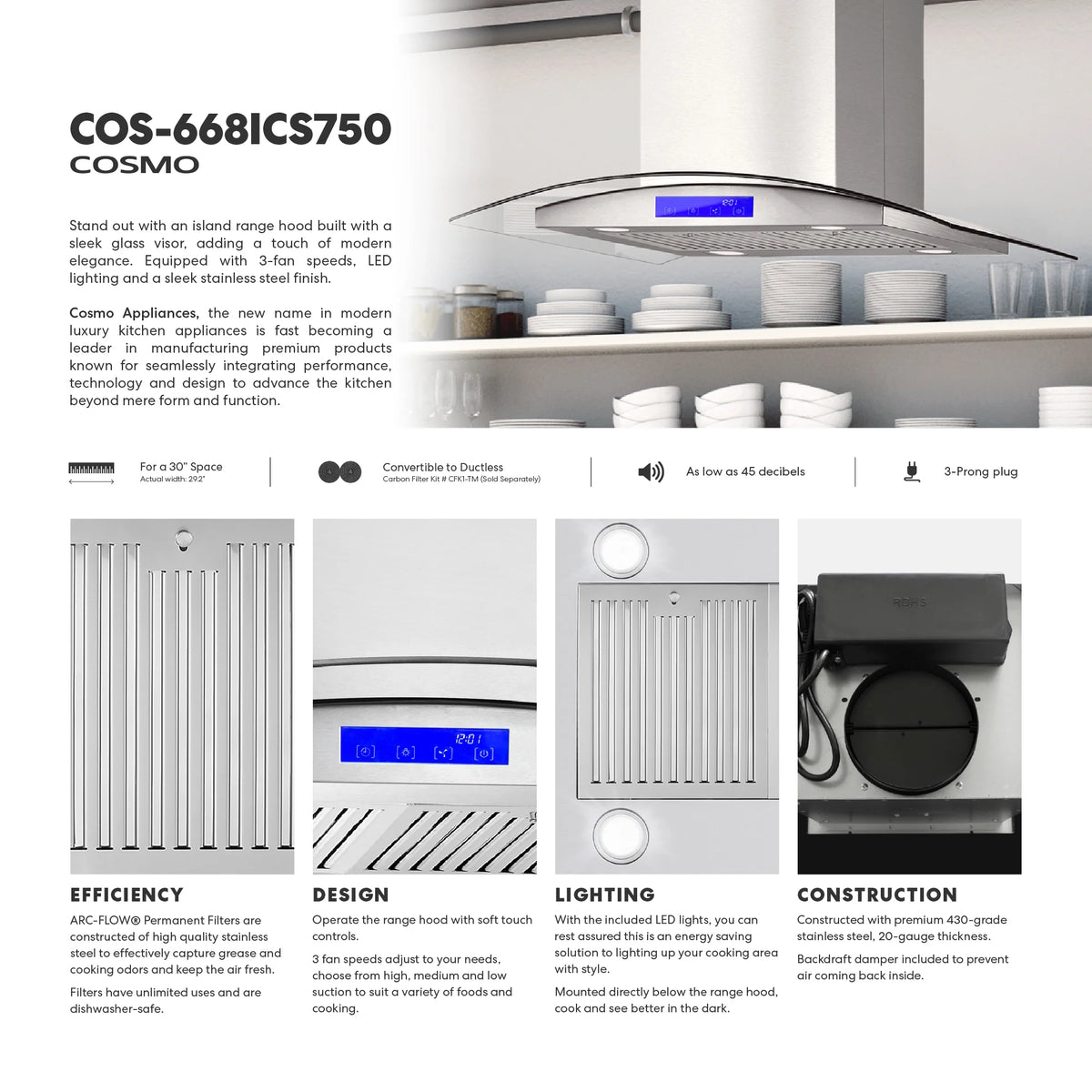 Cosmo 30 in. Ducted Island Range Hood in Stainless Steel with LED Lighting and Permanent Filters