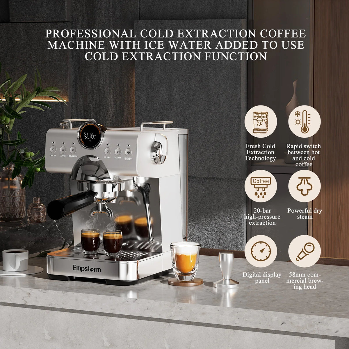 Empstorm 20 Bar Espresso Machine, Hot and Iced Coffee Machine with Cold Brew, Espresso Maker with Milk Frother,with 51oz Water Tank,for Latte, Cappuccino, Cold Brew