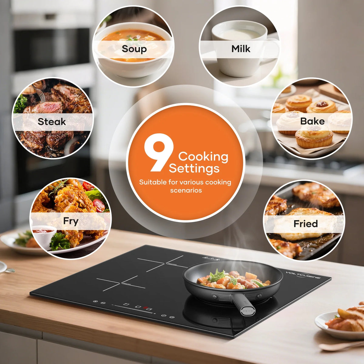 VoltCuisine Double/Dual Induction Cooktop 2 Burner, Shatter-proof Flat Glass Top, 9 Heat Settings, LED Touch Display with Child Safety Lock & Overheat Protection