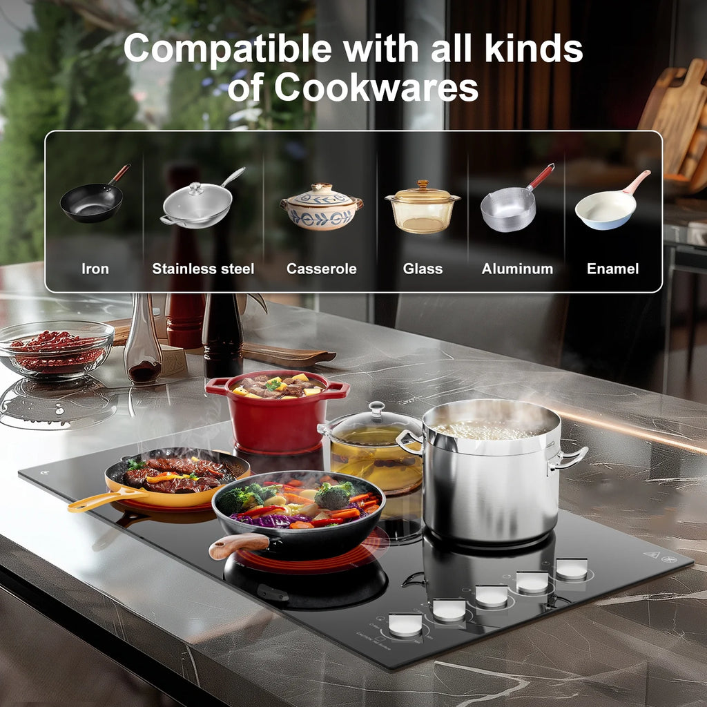 5 Burner Electric Stove, Sunmaki 36 inch Built-in Electric Cooktop 8900W Power Control by Knob for Home/Restaurant, 220V-240V