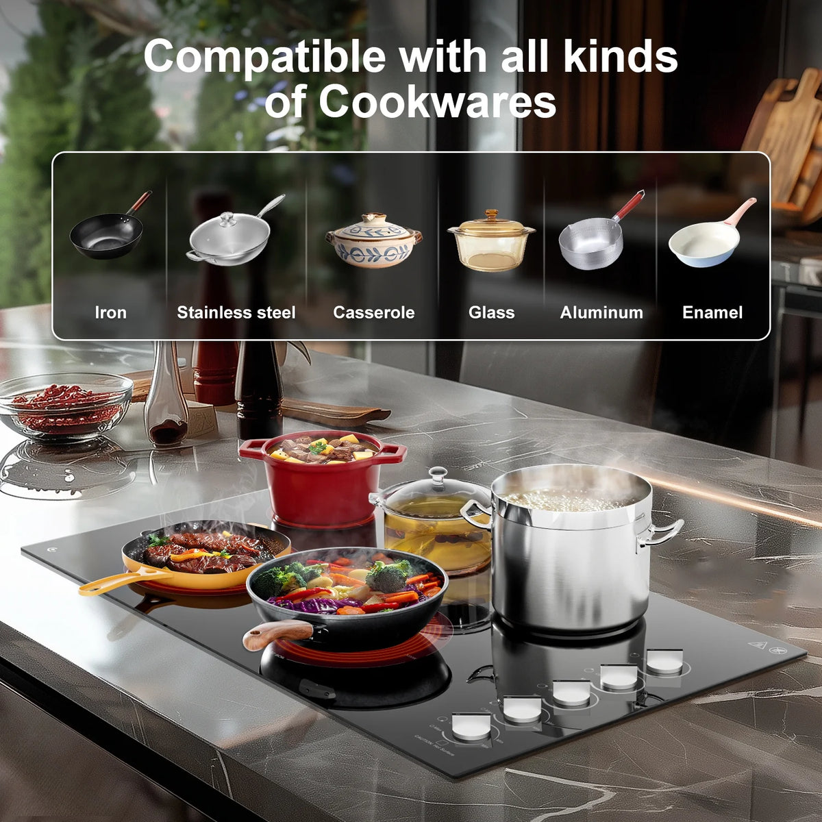 5 Burner Electric Stove, Sunmaki 36 inch Built-in Electric Cooktop 8900W Power Control by Knob for Home/Restaurant, 220V-240V