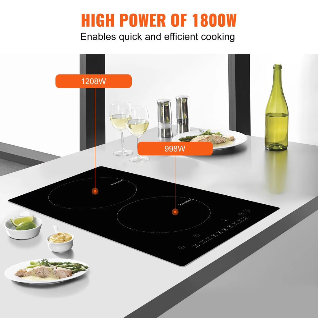 KFFKFF Induction Cooker, Dual Burners, 12'' Electric Stove, Integrated Magnetic Cooking Surface 1800W, 9 Stage Heat Adjustable Burner, LED Touch Interface with Child Safety & Excessive Heat Safeguard