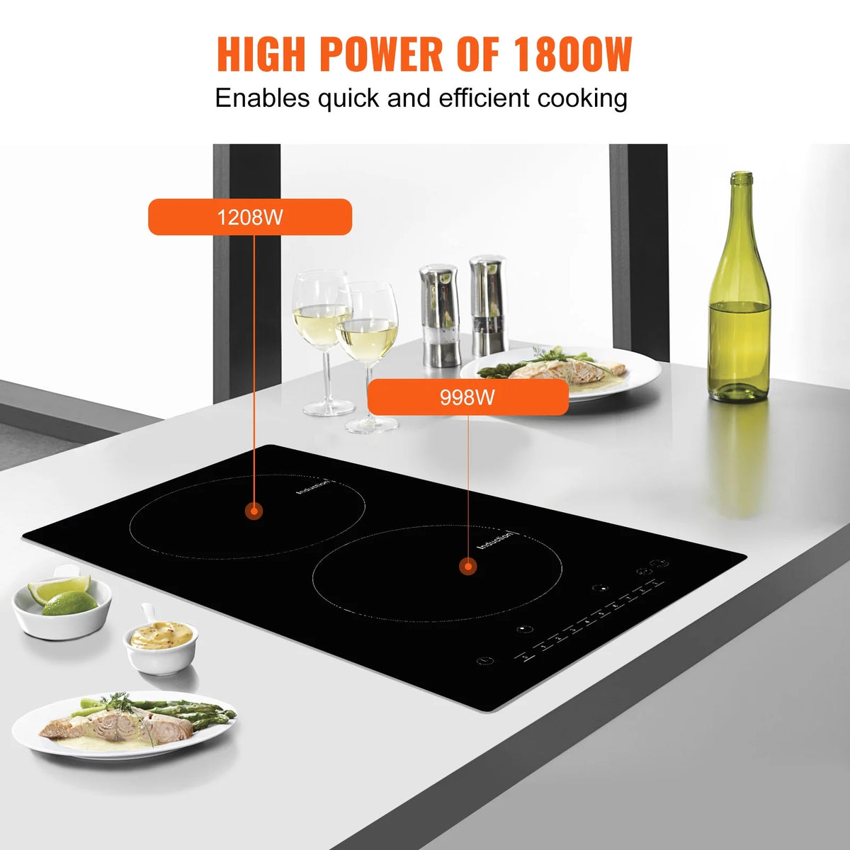KFFKFF Induction Cooker, Dual Burners, 12'' Electric Stove, Integrated Magnetic Cooking Surface 1800W, 9 Stage Heat Adjustable Burner, LED Touch Interface with Child Safety & Excessive Heat Safeguard