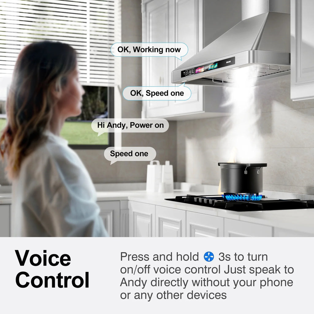 BRANO 30 Inch Wall Mount Range Hood Stainless Steel Hood, 900 CFM, Voice Control, 4-Speed