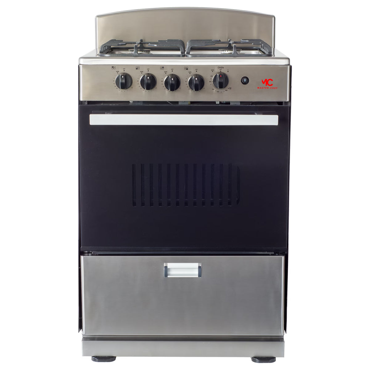 Master-Chef - 24" Stainless Steel R Gas Space Saver Range with 3.0 CFT Oven Capacity - Italian SABAF Sealed Burners, 1 Ultra-Fast and 3 Fast a?? Easy to Clean, Iron Grates, and Cool Knobs CSA Certified