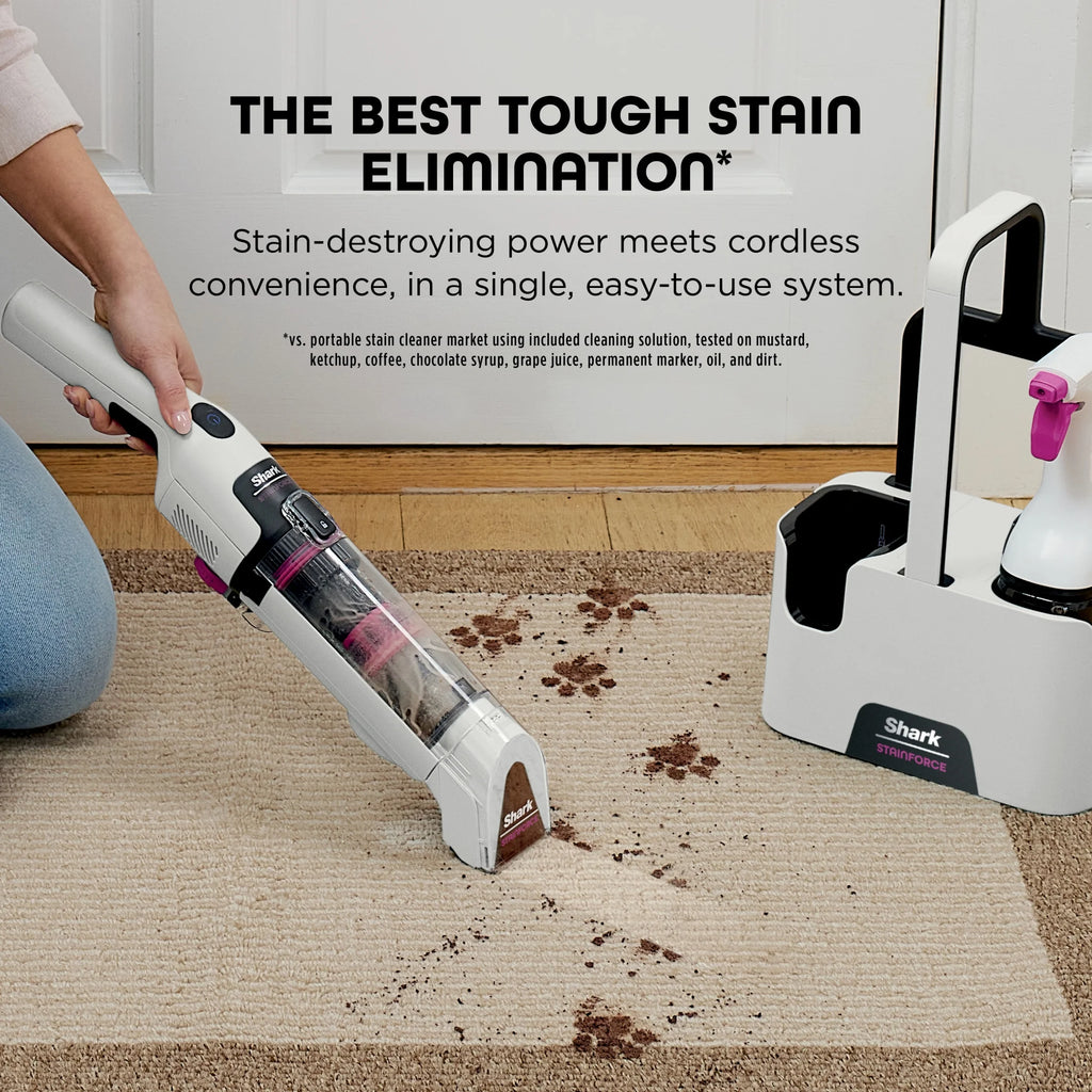 Shark StainForce Cordless Portable Spot, Stain, & Odor Remover System for Carpets, Area Rugs, Upholstery, Stairs, Cars, with Storage Caddy, and Full-Size Cleaning Solution, White, HX100