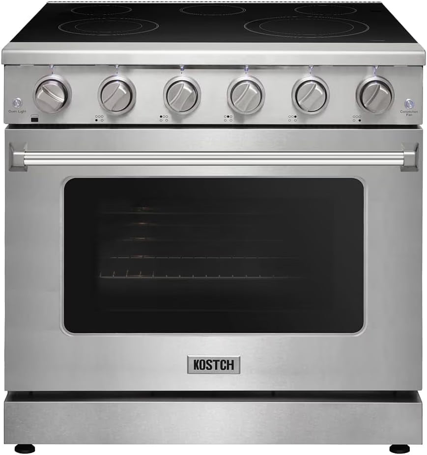 KOSTCH 36 inch Electric Range, 5-Burner Cooktop with 6.0 cu ft Convection Oven, Glass Top, in Stainless Steel