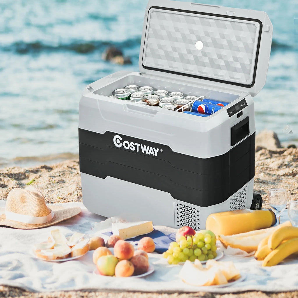 Costway 53 qt Wheeled Corded Electric Dual-Zone Portable Car Refrigerator, White