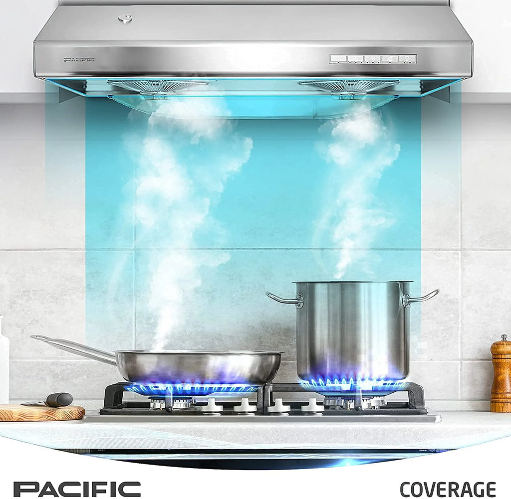 Pacific Kitchen Vent Hood AC3000BS �C 30 Inch Under Cabinet Range Hood �C Filterless Modern Stainless Steel Hood Vent with 900 CFM Suction, Dual Fans, LED Touch Controls and Auto-Clean Function