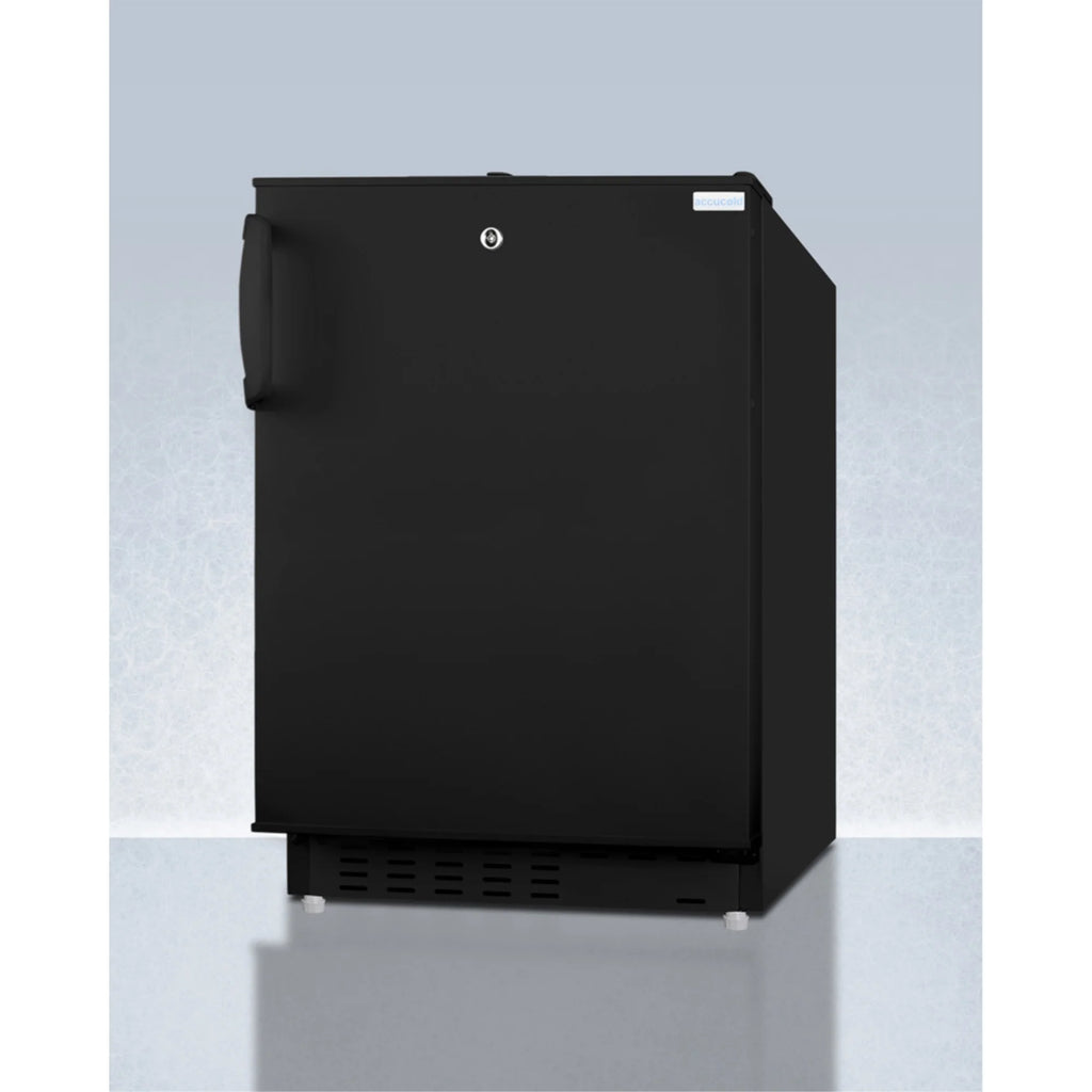 20" wide built-in undercounter ADA compliant refrigerator-freezer in black with a front lock