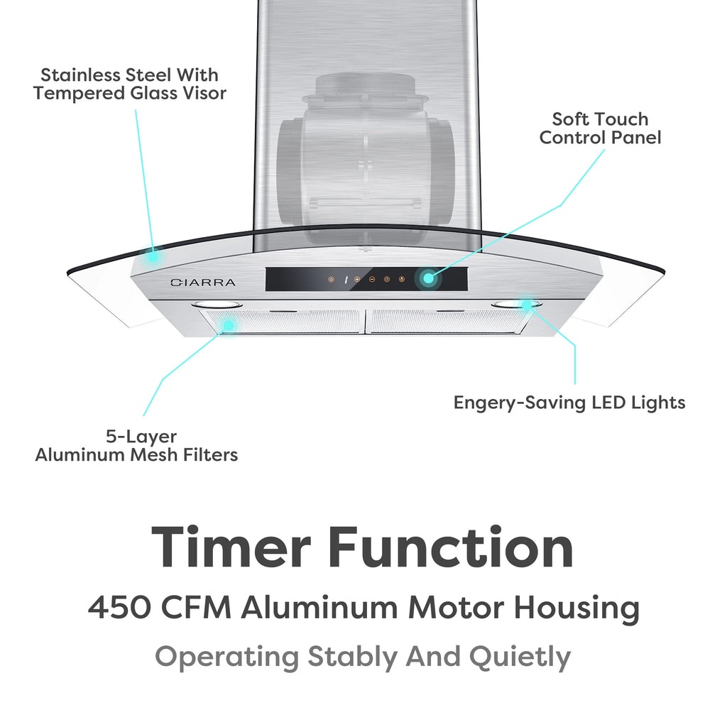 CIARRA Wall Mount Range Hood 30 inch with Tempered Glass 450 CFM Kitchen Vent Hood Ductless Ducted Convertible CAS50275