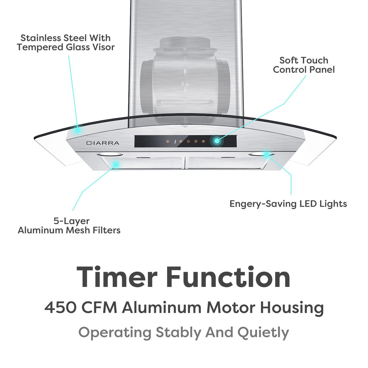CIARRA Wall Mount Range Hood 30 inch with Tempered Glass 450 CFM Kitchen Vent Hood Ductless Ducted Convertible CAS50275