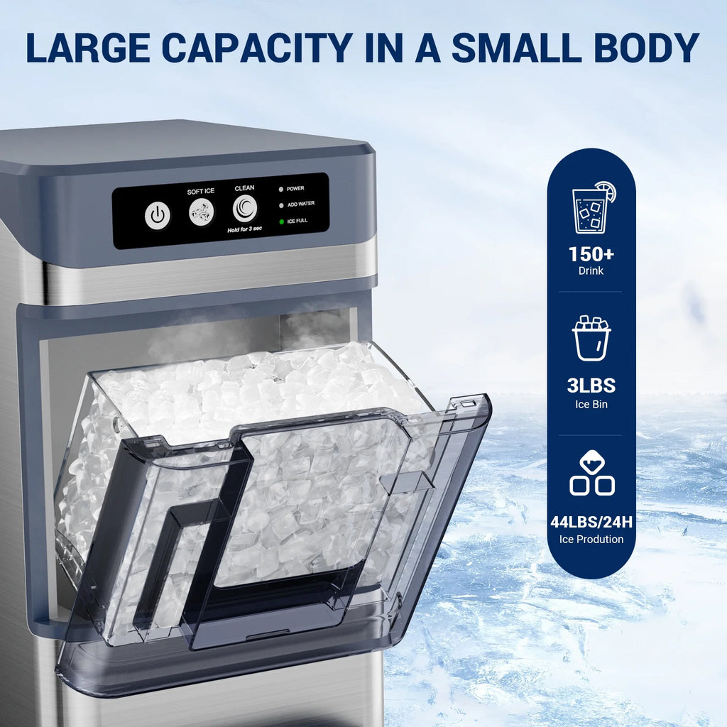 Ecojoy Stainless Steels Portable Countertop Nugget Ice Maker Machine, 44Lbs/24H with 0.8 Gallon Tank,Soft Chewable Pellet Ice Ready in 5-10min, Self-Cleaning