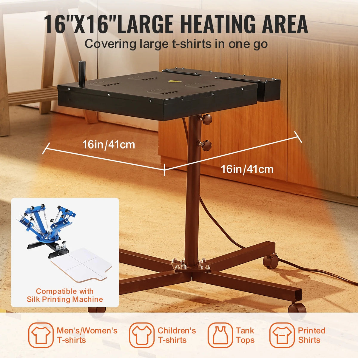 KFFKFF Pro Flash Dryer, 16x16 inch, Enhanced 1800W Flash Dryer for Screen Printing Equipment, Temperature Regulation 0-750�? Stand with Adjustable Height, 360° Swivel, Garment Drying Device