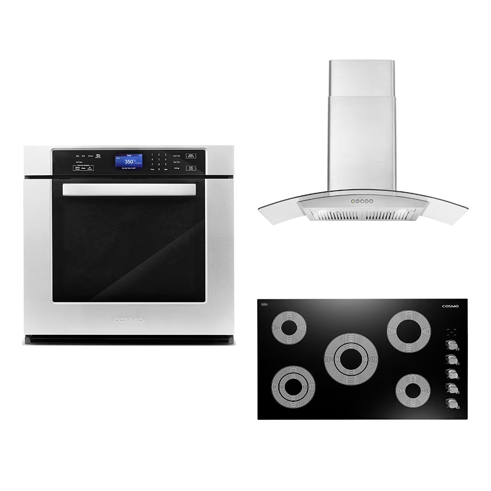 Cosmo 3 Piece Kitchen Appliance Package With 36" Electric Cooktop 36" Wall Mount Range Hood 24" Single Electric Wall Oven Kitchen Appliance Bundles