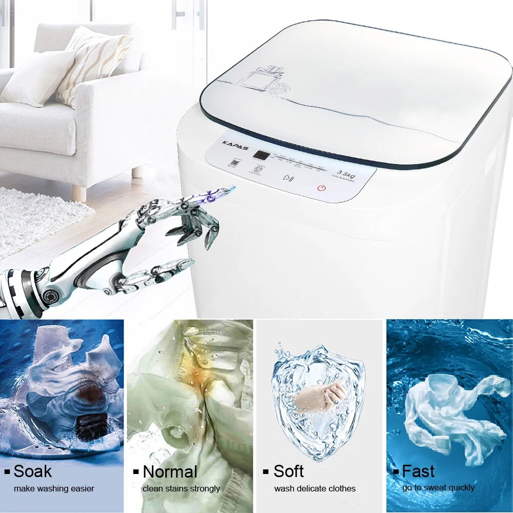 Compact Washing Machine, KAPAS Fully Automatic 2-in-1 Washer & Dryer Machine with 8 lbs. Capacity Top Load Tub Washer in White