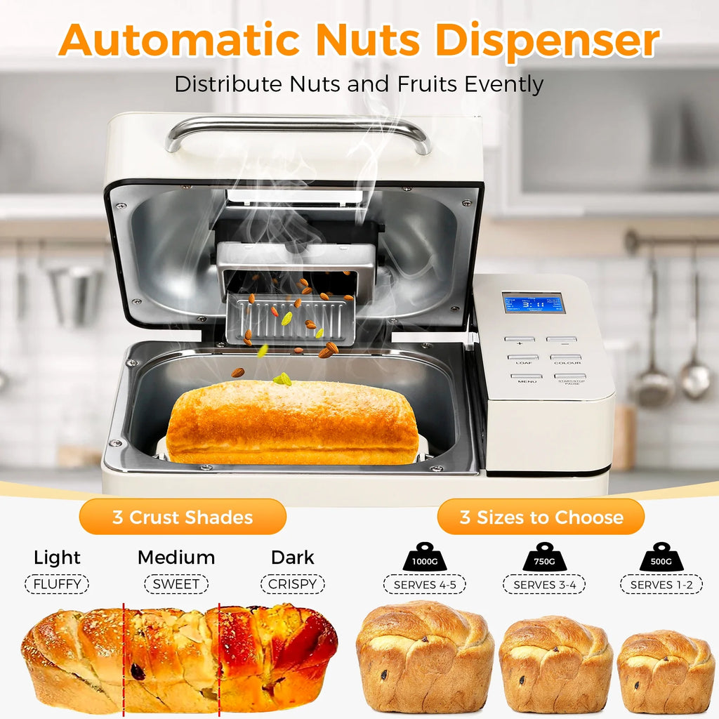 KBS 19-in-1 2LB Bread Maker Machine with Dual Heaters& Auto Nut Dispenser,Ceramic Pan with 2 kneading paddle,15 Hour delay timer&1 hour keep warm Model#013A
