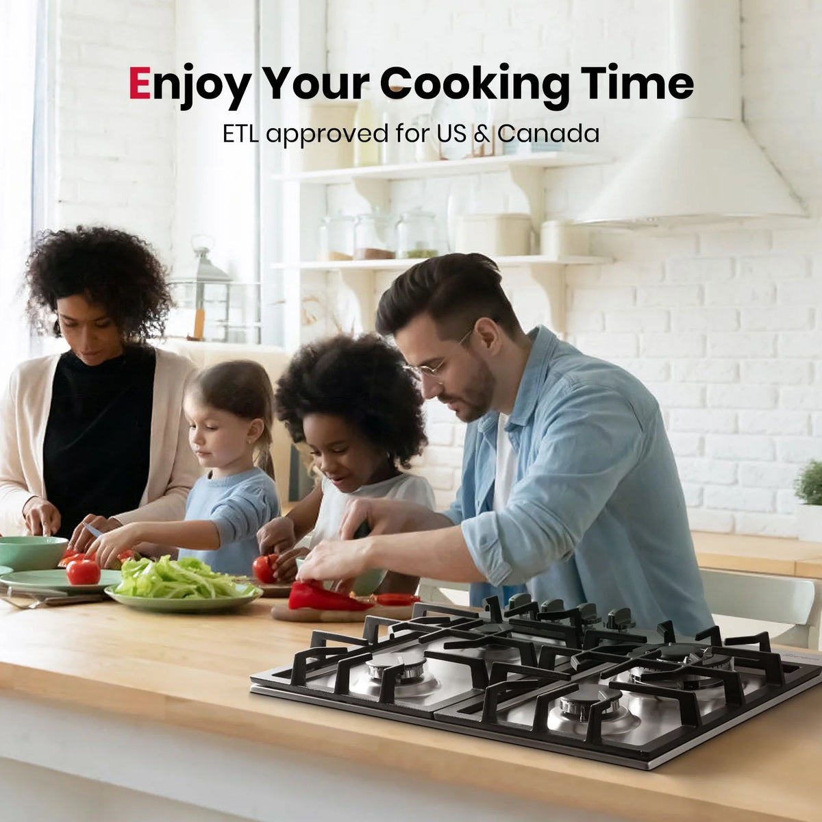 GASLAND GH60EF 24" Built-in Gas Stove Top, Black Ename Gas Cooktop with Griddle, 4 Sealed Burners, ETL