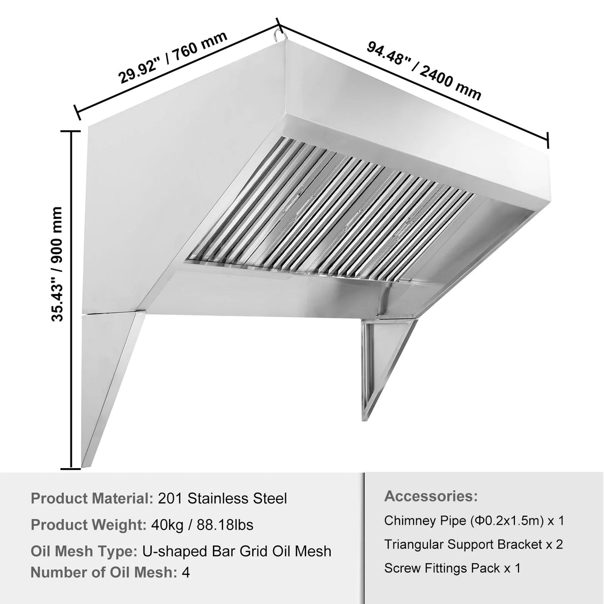KFFKFF 8FT Range Hood, Stainless Steel Commercial Exhaust Hood, with Rust-Proof Construction and 4 Removable U-shaped Oil Filtration Meshes, Designed for Food Trucks and Concession Trailers