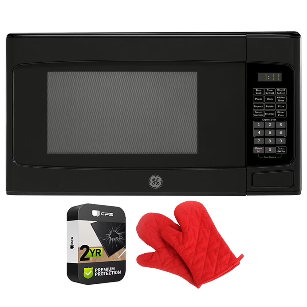 GE GCST11N1WSS 1.1 cu. ft. Countertop Microwave Oven 950 Watts Stainless Steel Bundle with 2 YR CPS Enhanced Protection Pack and Deco Chef Pair of Red Heat Resistant Oven Mitt