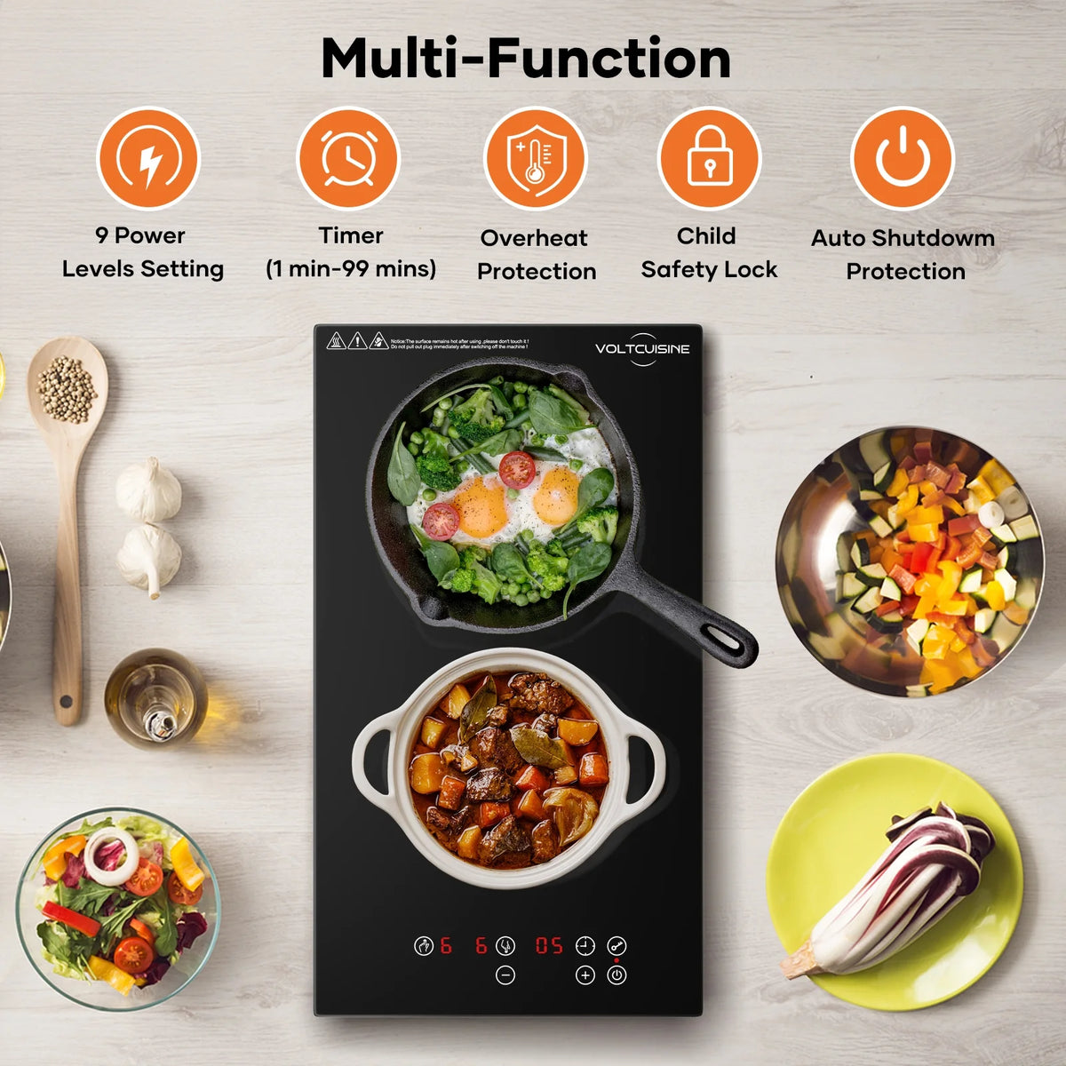VoltCuisine Double/Dual Induction Cooktop 2 Burner, Shatter-proof Flat Glass Top, 9 Heat Settings, LED Touch Display with Child Safety Lock & Overheat Protection