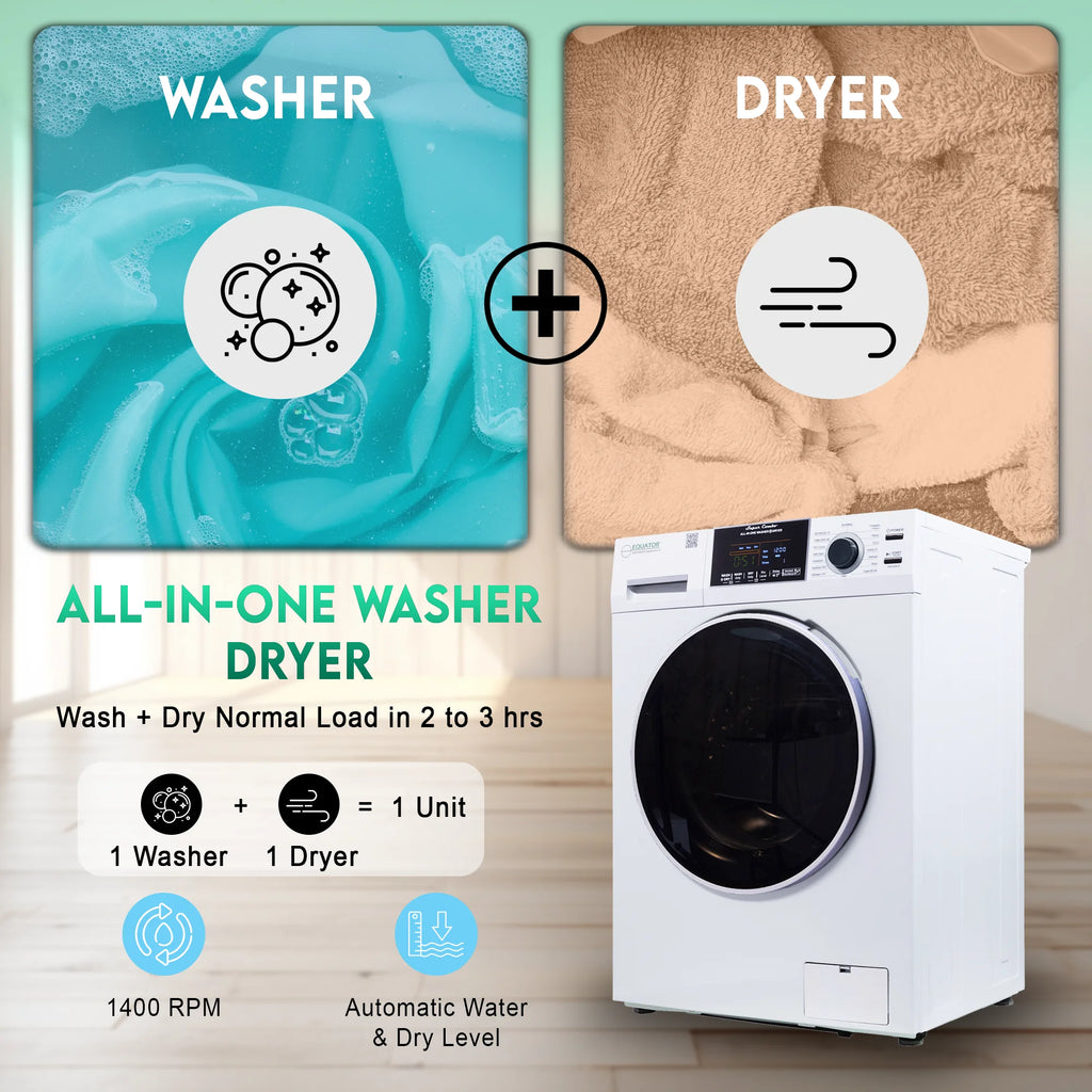 Equator Combination Washer Dryer Ventless/Vented Pet cycle 1.62cf/15lbs 110V with Adjustable legs