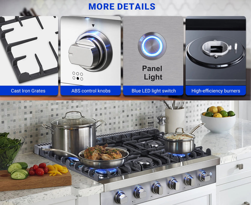 Sunmaki Gas Cooktop 36 inch Built-in Gas Stove with 6 Sealed Burner for Cooking, Gas Grilling, Propane Cooktop NG/LPG Switch
