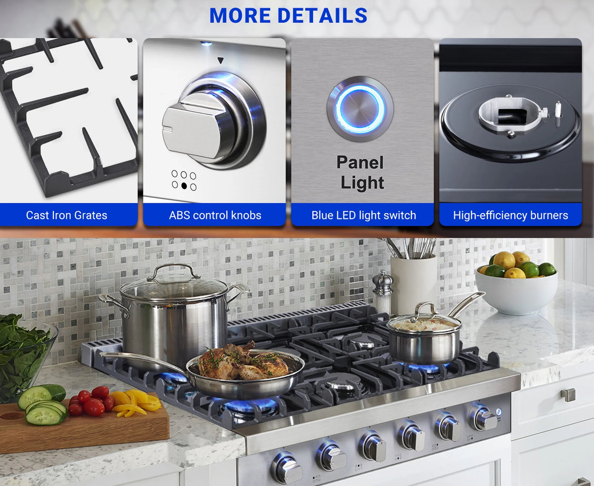 Sunmaki Gas Cooktop 36 inch Built-in Gas Stove with 6 Sealed Burner for Cooking, Gas Grilling, Propane Cooktop NG/LPG Switch