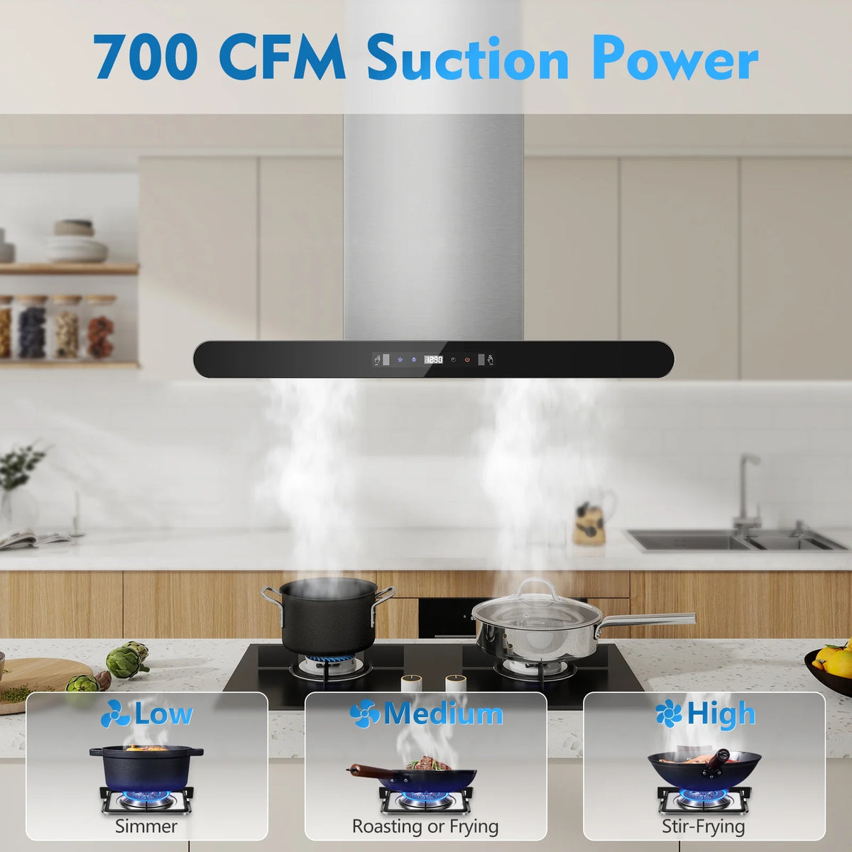 30" Island Range Hood 700CFM, Stainless Steel, Gesture/Touch/Remote Control, LED Light?