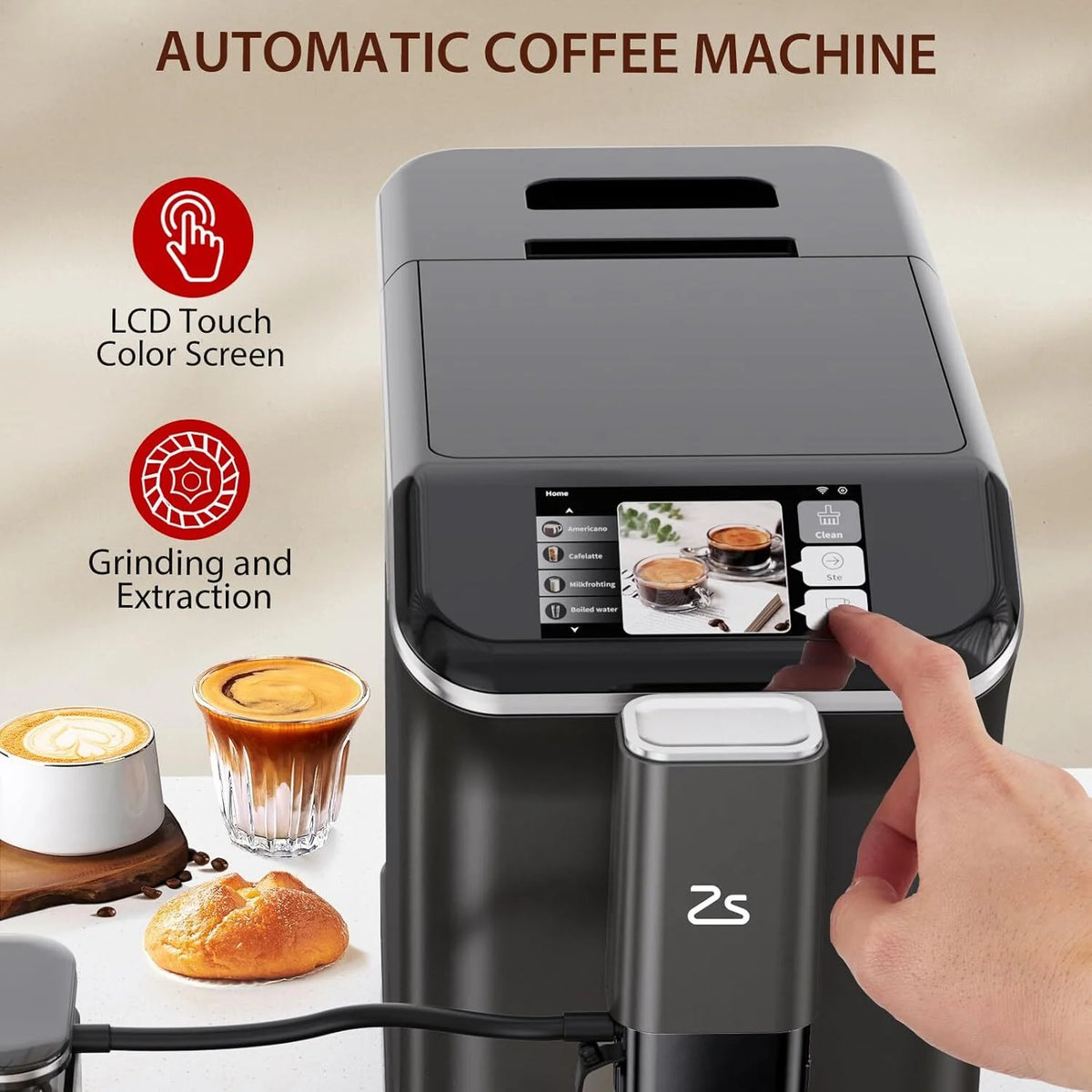 Espresso Machine,Fully Automatic Espresso Machine with Automatic Milk Frother,7 Coffee Varieties,20-Bar,Built-in Grinder,Intuitive Touch Display,1.5-L Water Tank