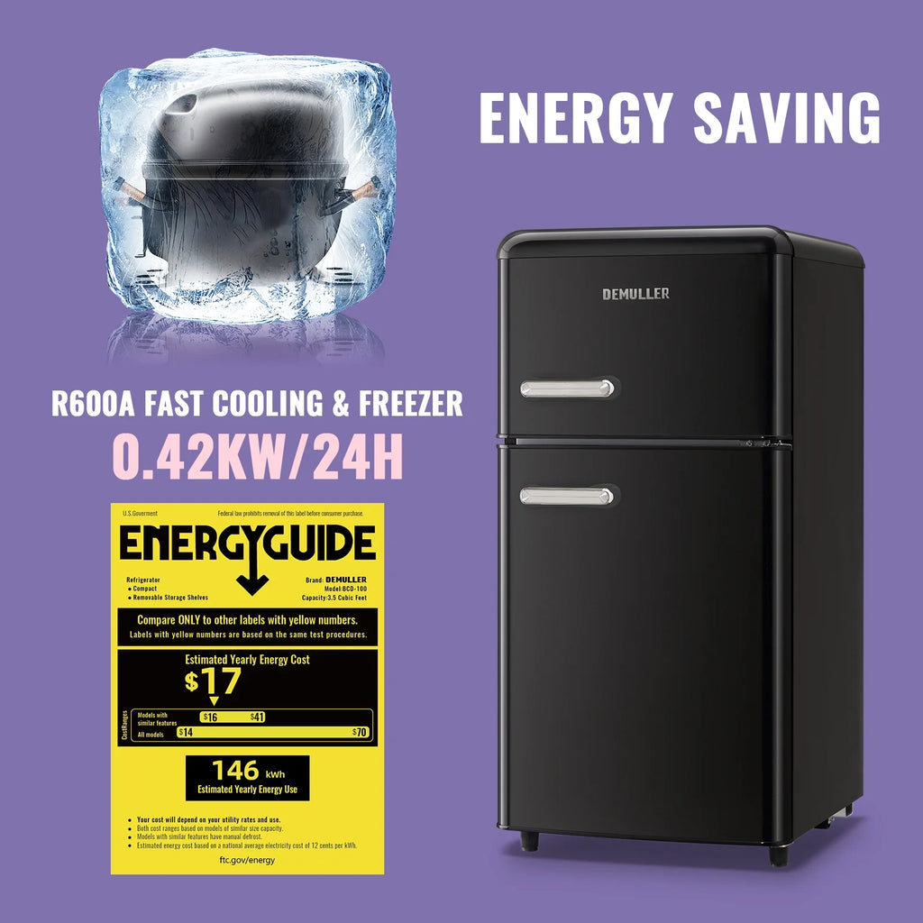 DEMULLER Mini Fridge with Freezer Compact Retro Refrigerator Dual Door Black-YX-100 19 inches Wide