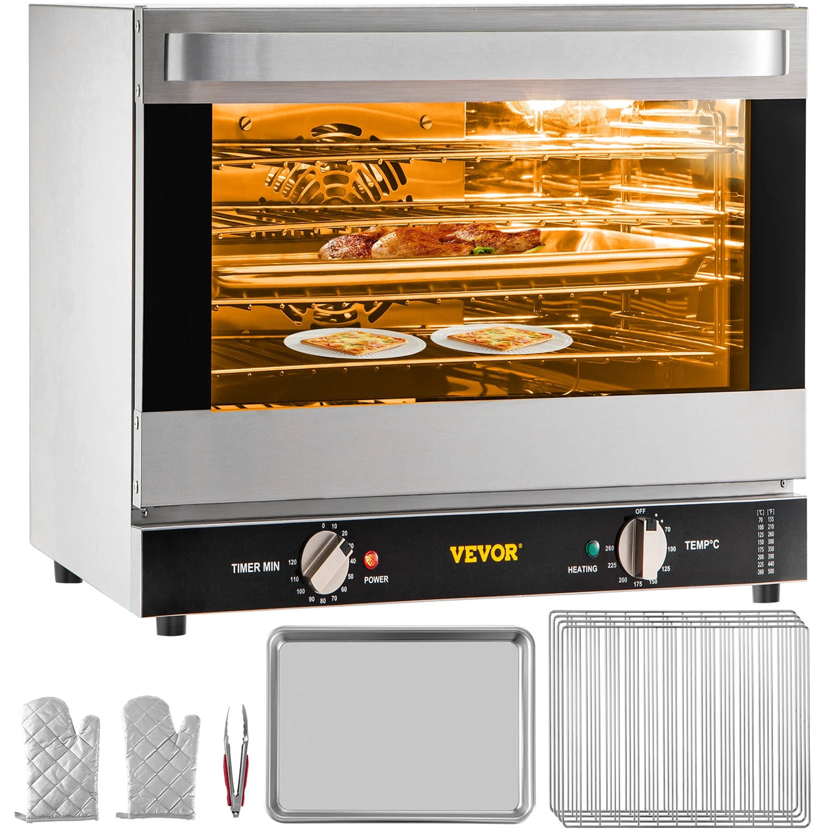 VEVOR Commercial Convection Oven,21L/19Qt,Quarter-Size Conventional Oven Countertop,1440W 3-Tier Toaster with Front Glass Door,Electric Baking Oven with Trays Wire Racks Clip Gloves
