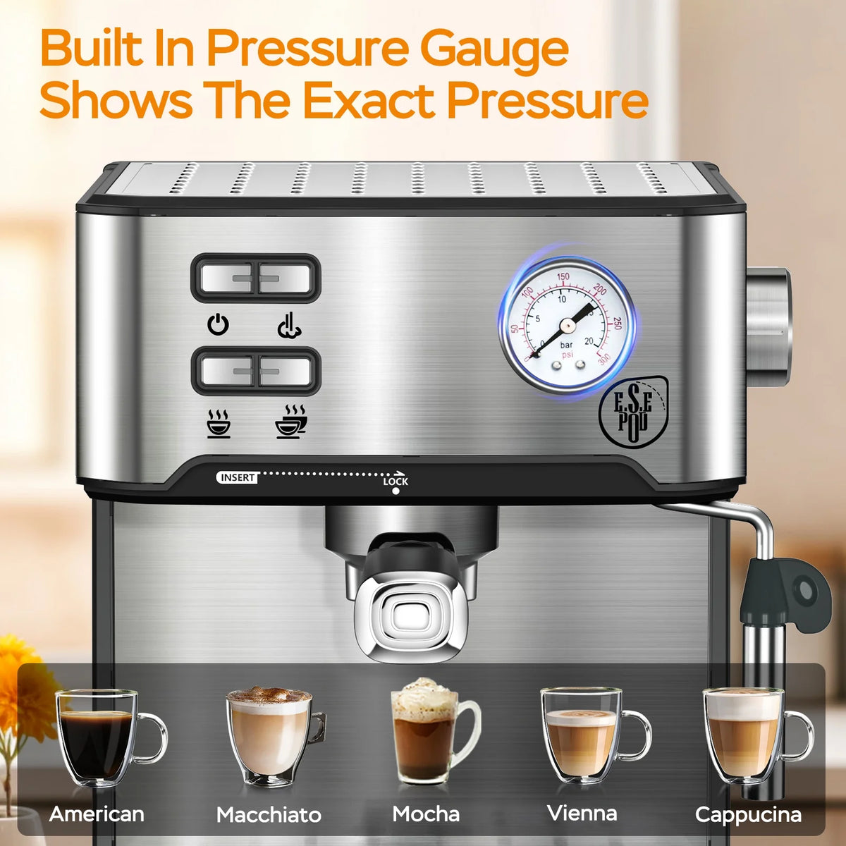 Plum Chef Espresso Machine, 20 Bar Coffee Maker with Foaming Milk Frother Wand, Espresso & Cappuccino Latte Maker Coffee Machine, 850W, 1.6L Removable Water Tank, Black&Silver