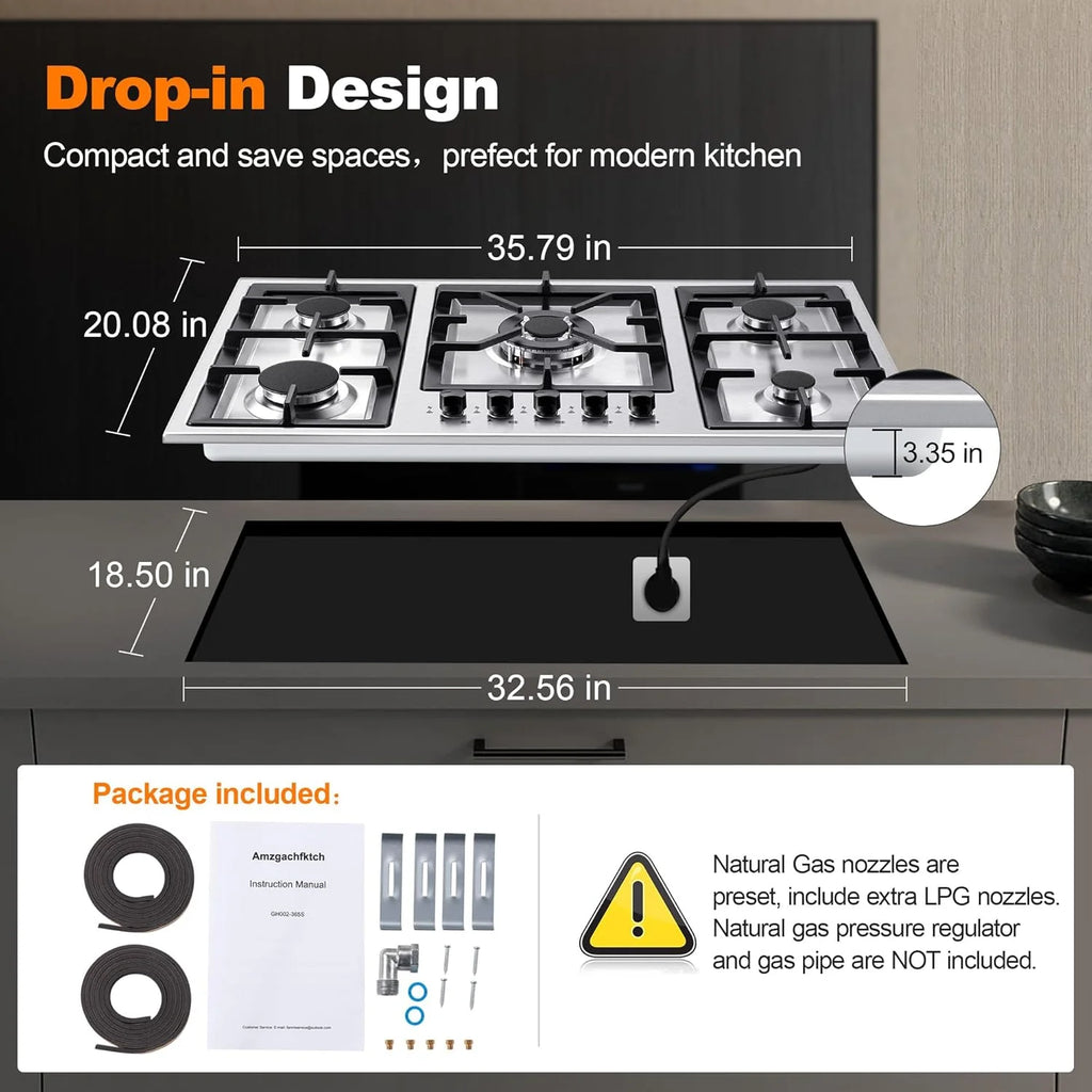 Amzgachfktch 36 Inch Gas Cooktop 5 Burner Built in Stainless with Thermocouple Protection, LPG/Natural Gas Convertible