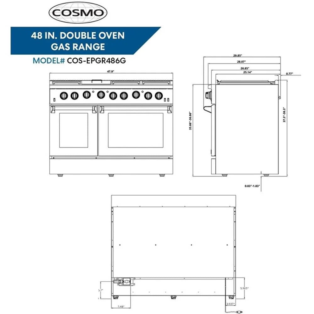Cosmo 48" Double Oven Gas Range & Range Hood & Dishwasher Set - Liquid Propane