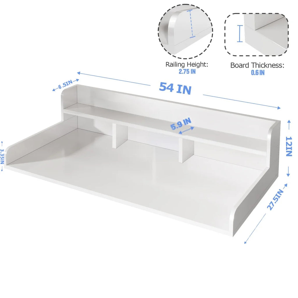 Wood 2-Tier Washer Dryer Countertop with 2.75" H Guard Rails, 54" W x 27.5" D Washer Dryer Topper with Non-Slip Pads for Laundry Room Organization and Storage, White