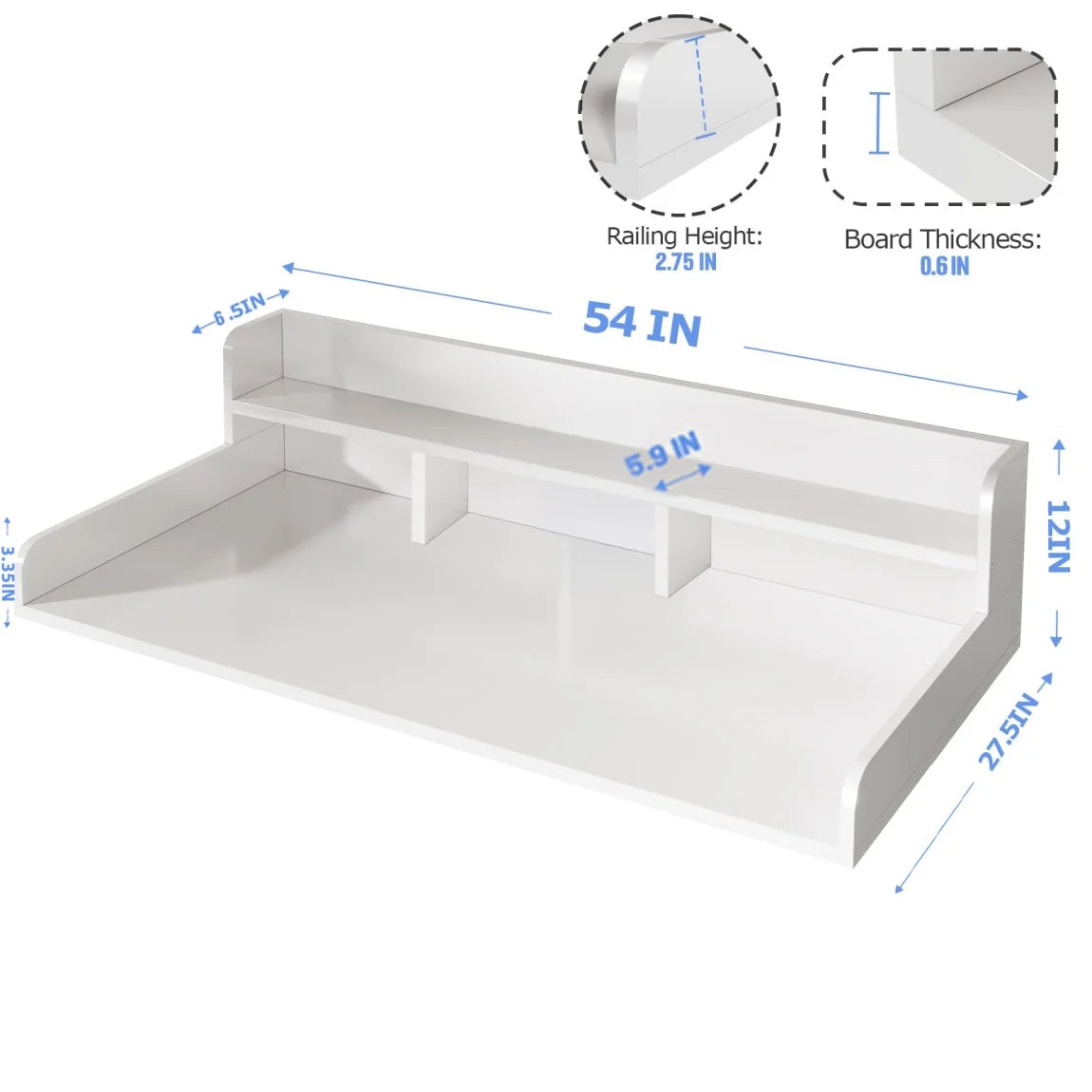 Wood 2-Tier Washer Dryer Countertop with 2.75" H Guard Rails, 54" W x 27.5" D Washer Dryer Topper with Non-Slip Pads for Laundry Room Organization and Storage, White