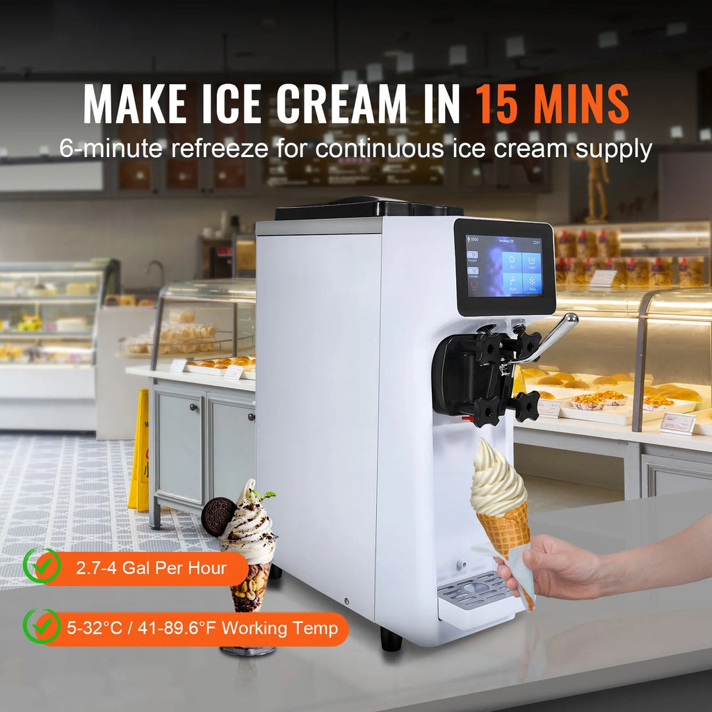KFFKFF Commercial Ice Cream Machine Output of 10.6 QT/H, 1000W Single Taste Tabletop Soft Serve Ice Cream Device, 4L Reservoir 1.6L Cylinder, Digital Screen Automatic Cleaning Pre-chilling