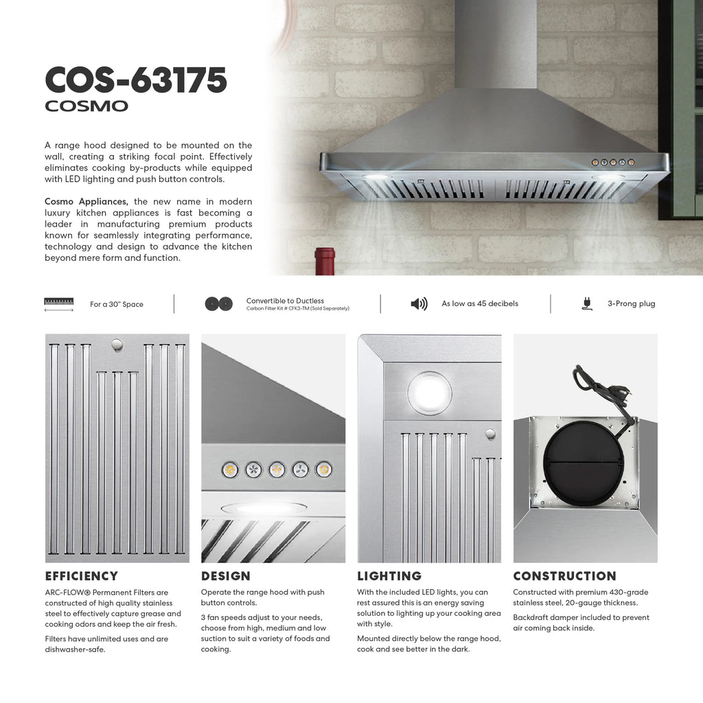 Cosmo 30 in. Ducted Range Hood in Stainless Steel with Touch Controls, LED Lighting and Permanent Filters