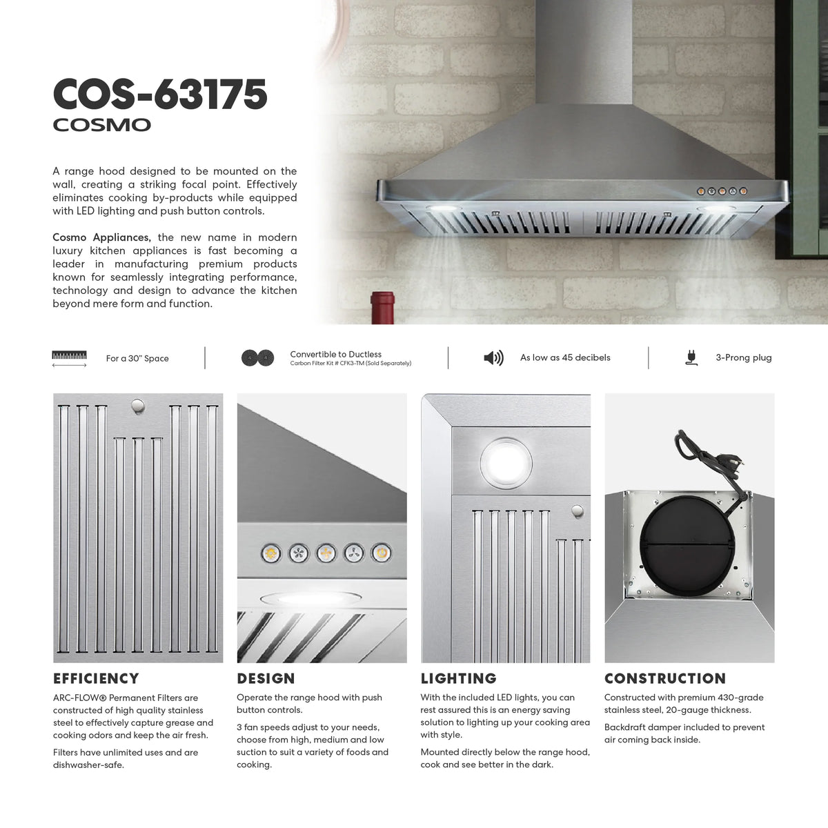 Cosmo 30 in. Ducted Range Hood in Stainless Steel with Touch Controls, LED Lighting and Permanent Filters