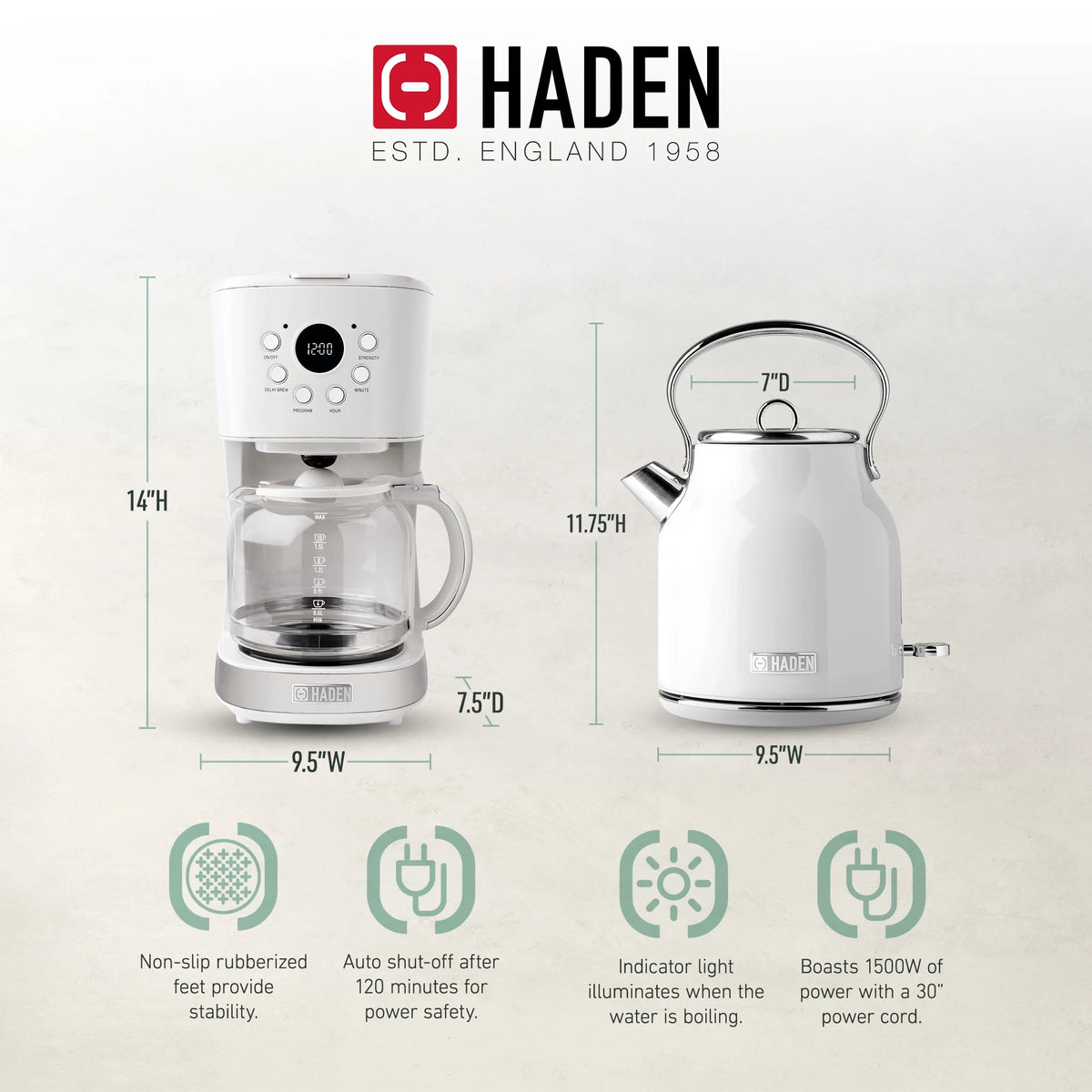 Haden Coffee Maker & Heritage 1.7 Liter Electric Kettle, Black & Chrome