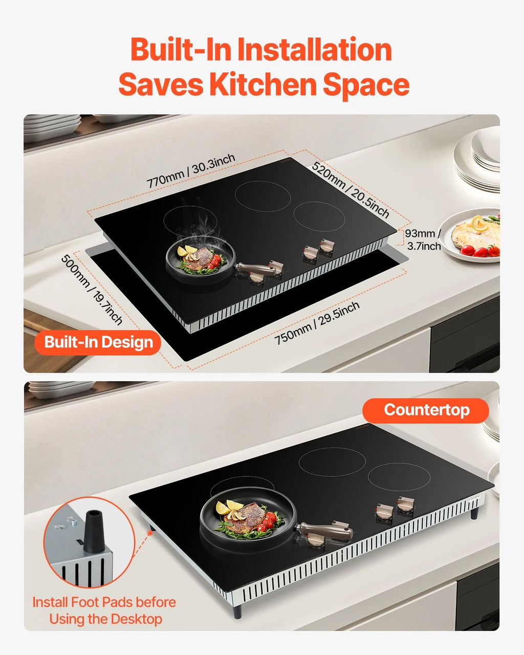 KFFKFF 4 Burner Built-in Electric Cooktop, 6600W 30" Built-in Top Electric Stove, with Knob Control, Temperature & Power Levels, Glass Top, Independent Control for Different Pots
