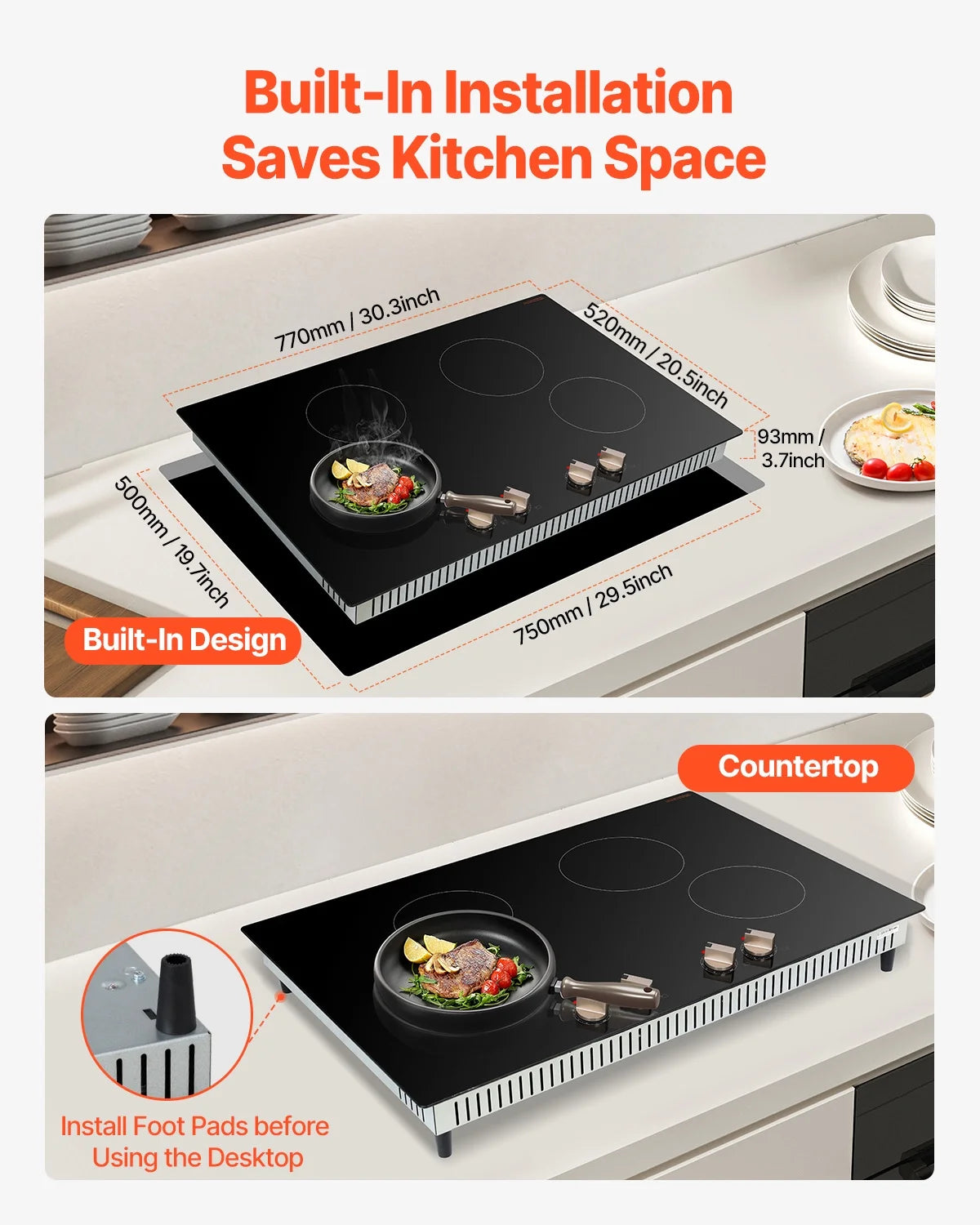 KFFKFF Induction Stove, 6600W 5 Burner Built-in Electric Cooktops, with Knob Control, 12 Heat Settings, Glass Top, Automatic Power Off