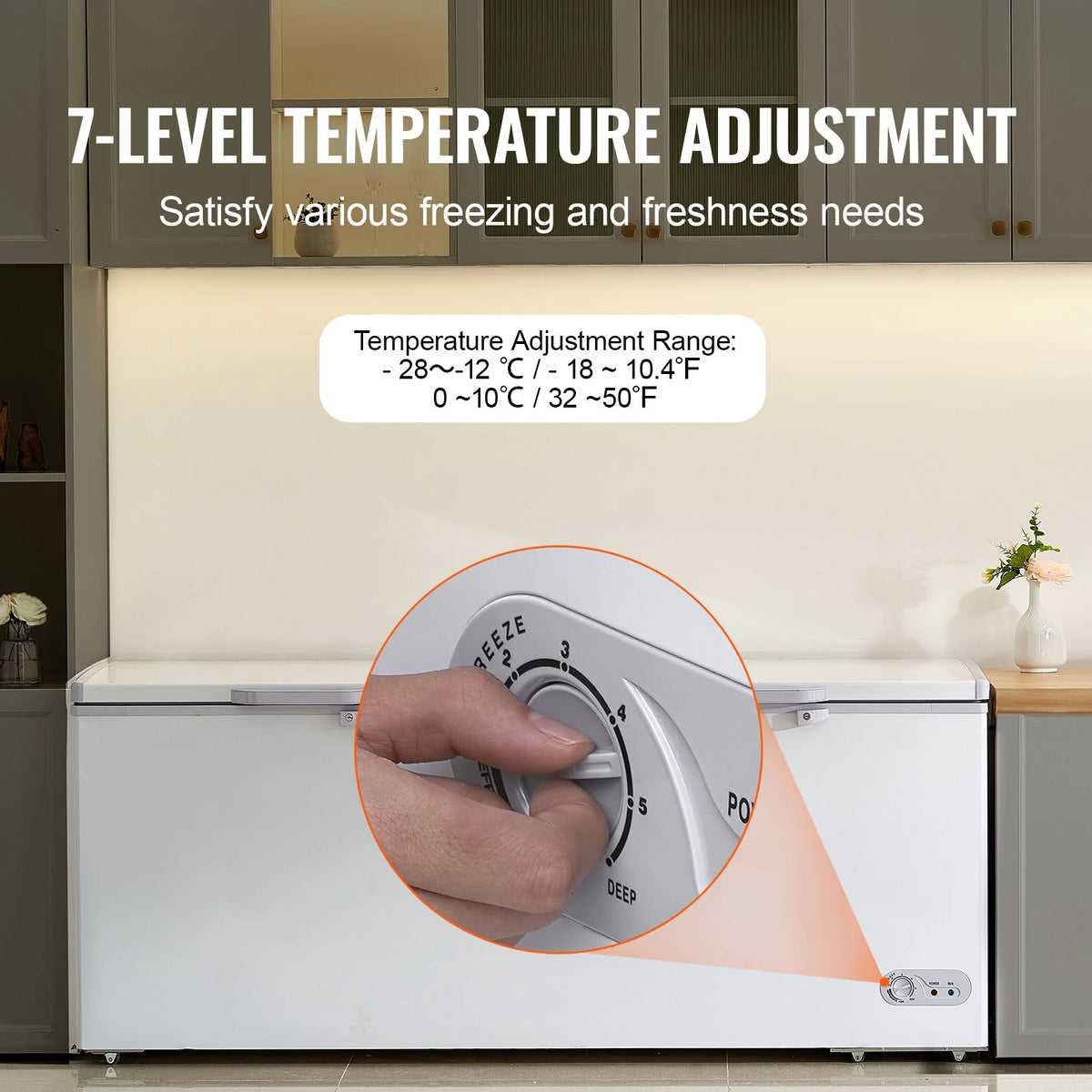 KFFKFF 19.8 Cu.ft / 561 L Small Top-Open Chest Freezer 4 Detachable Baskets, 7-Speed?Temperature Control Removable Storage Basket, Freestanding 6 Wheels