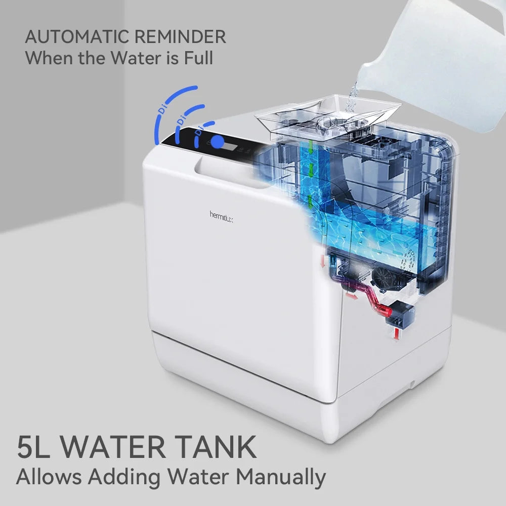 Hermitlux Portable Countertop Dishwasher, 5 Washing Programs, 5L Built-in Water Tank and Air-Dry Function, HMX-DW03