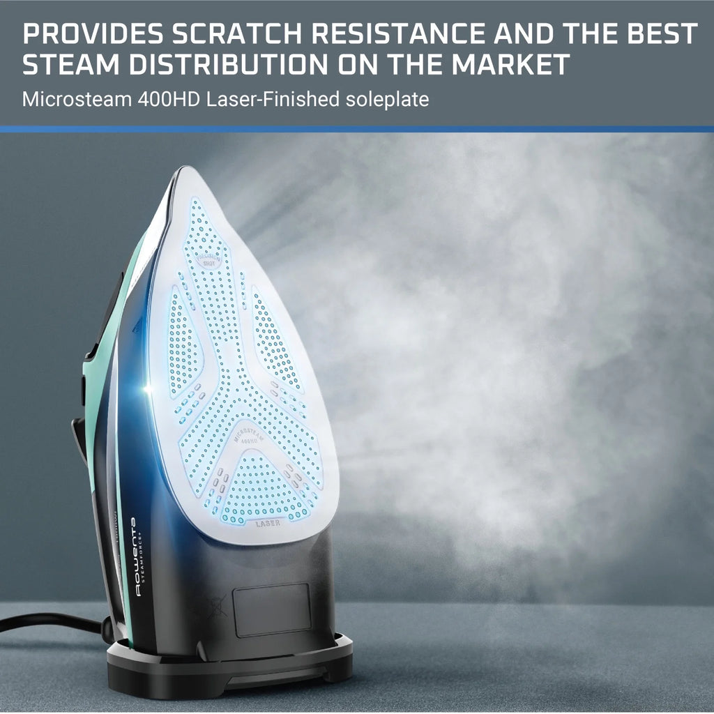 Rowenta Steam Force+ Iron for Clothes, Stainless Steel Soleplate, 1850 Watts, 400 Microsteam Holes, Garment Steamer, Black & Blue, DW9440U1