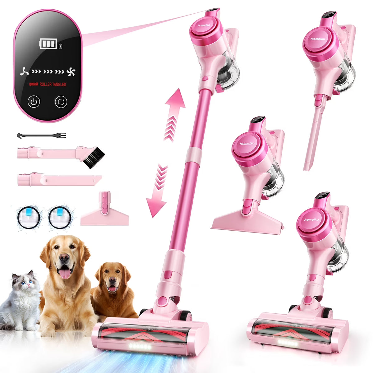 Homeika Cordless Vacuum Cleaner, 300W 23KPa Powerful Suction Vacuum with LED Display, 3 Suction, 48mins Runtime, Lightweight Stick Cleaner with Sofa Brush for Hard Floor/Carpet/Pet Hair/Car, Black